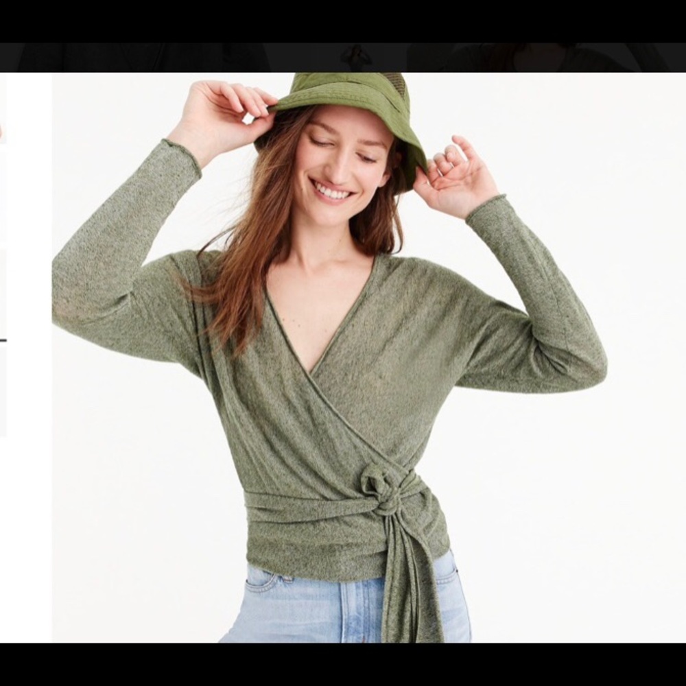 J Crew green linen blend wrap sweater Size M
